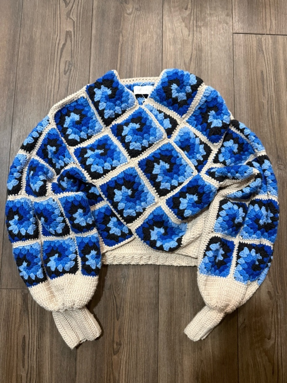 Elexiay Amelia Granny Square Sweater Blue Crochet Handmade NWT